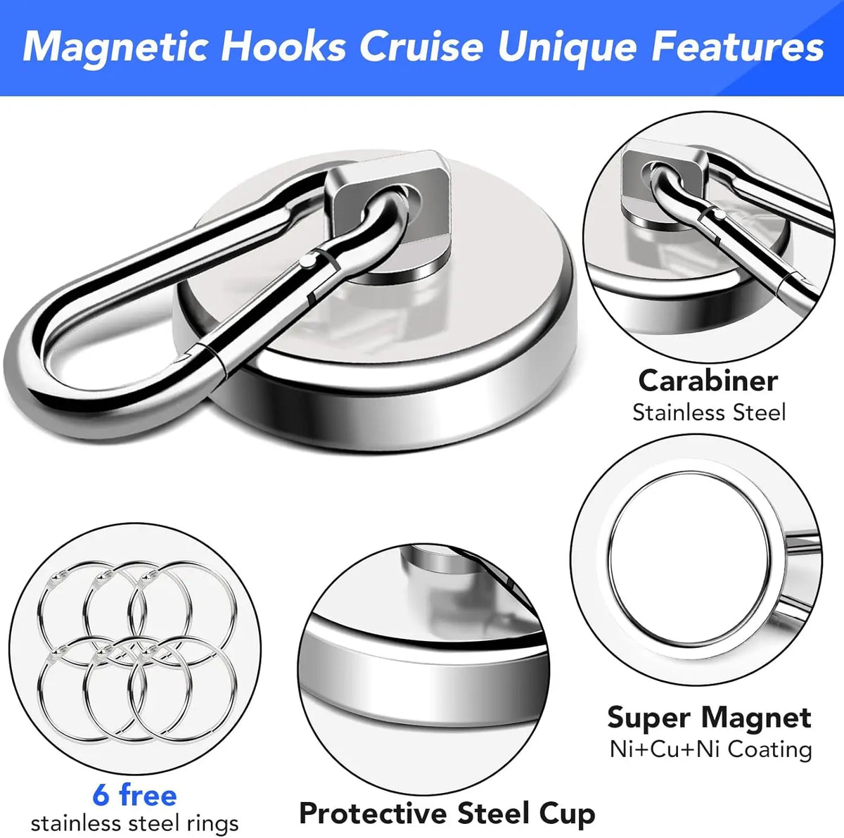 Magnetic hooks featuring a stainless steel carabiner and protective steel cup for various uses