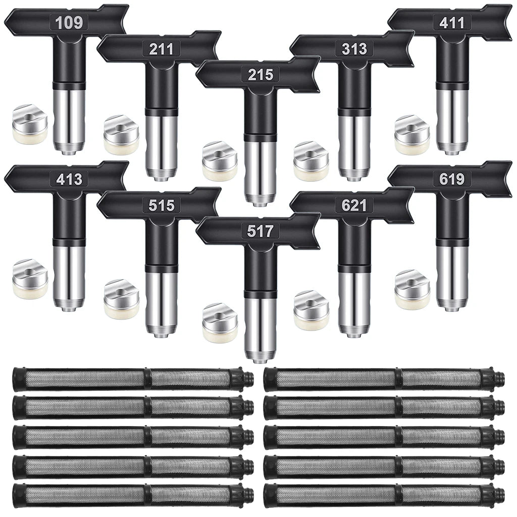 A collection of ten different-sized spray nozzles and various length tips for paint guns.