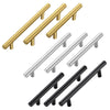 A collection of cabinet handles in brushed nickel and gold finishes shown at an angle.