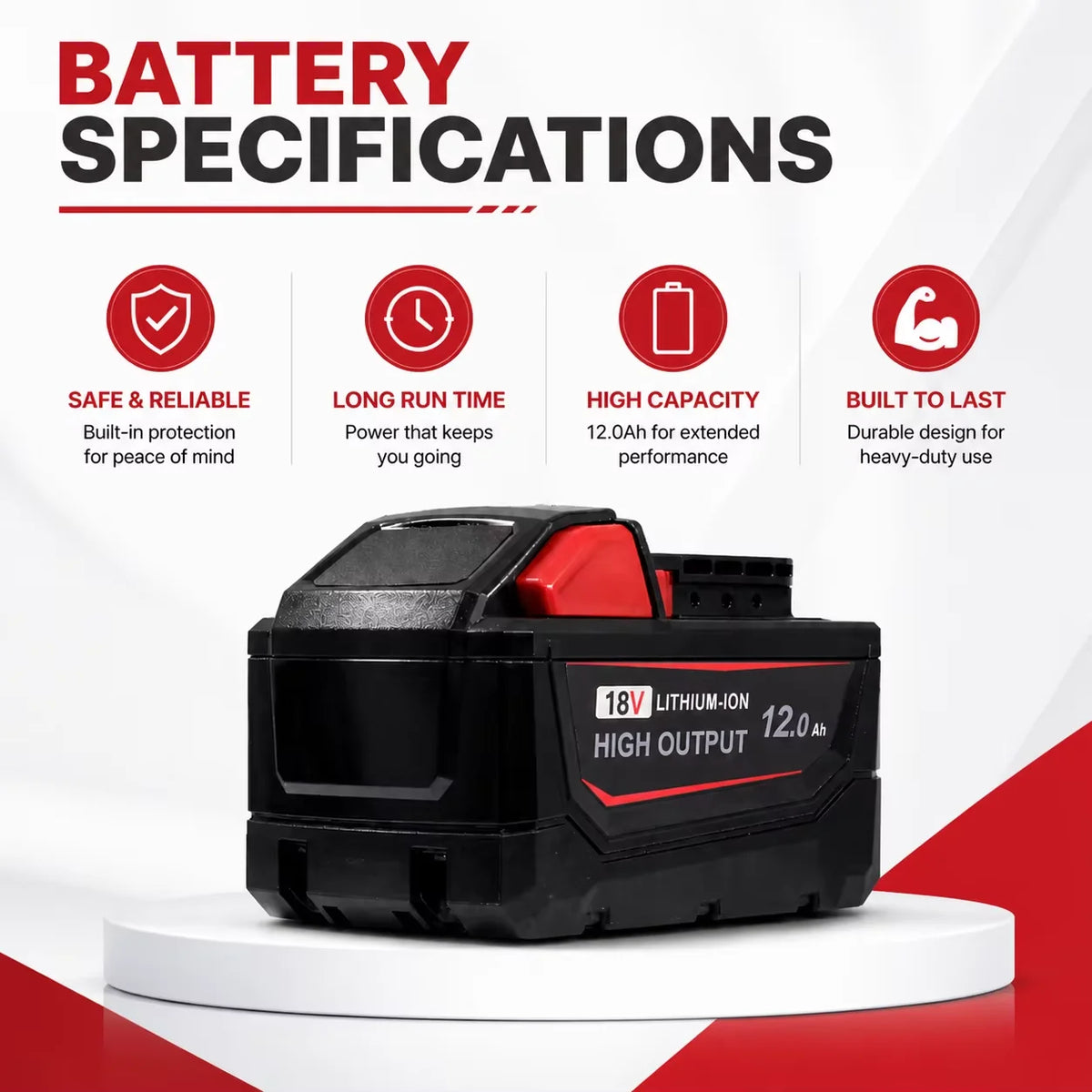 A black lithium-ion battery pack with a red cap and output display is shown on a white surface.