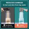 A shower head replacement filter set is shown filtering tap water, demonstrating the difference between unfiltered sediment a