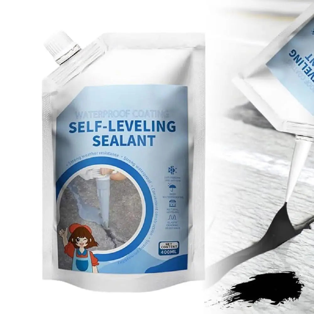 Pouch of self-leveling waterproof sealant for concrete crack repair shown next to a trowel applying the material.