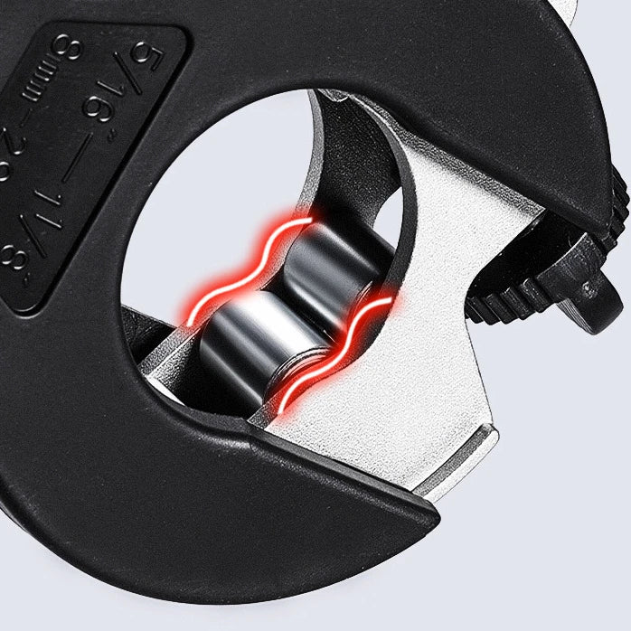 Close-up view of a black precision ratchet pipe cutter showing the cutting mechanism and adjustment scale.