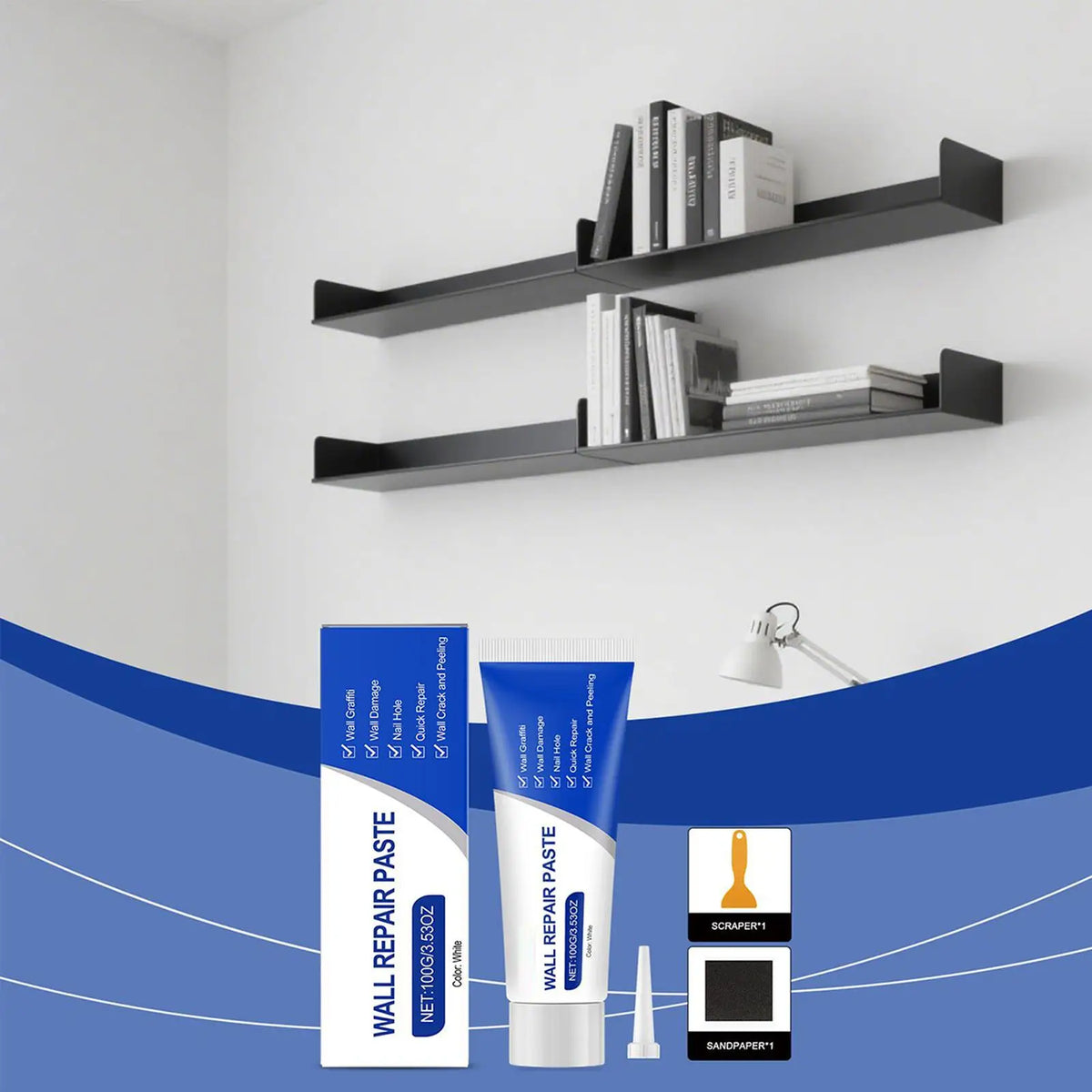 A professional drywall repair kit showing various tools including paste and sandpaper on a white background.