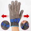 A pair of stainless steel anti-cut safety gloves shown with close-ups of the wrist strap and texture.
