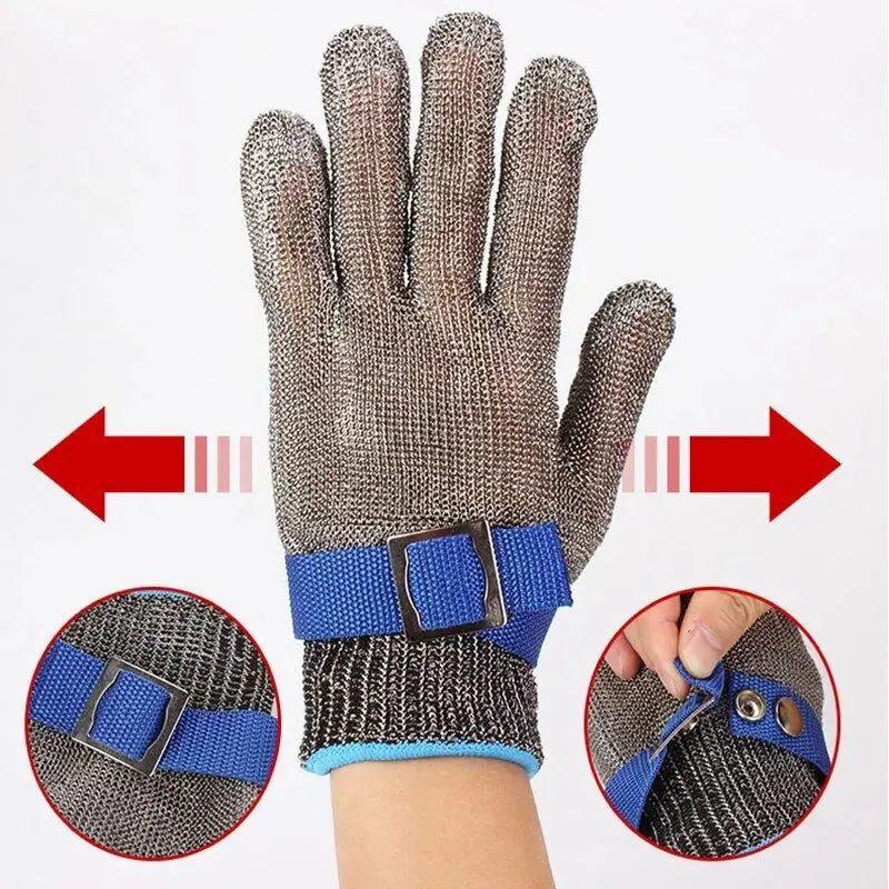 A pair of stainless steel anti-cut safety gloves shown with close-ups of the wrist strap and texture.