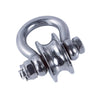 Heavy-duty stainless steel buckle pulley with a curved loop and threaded end.