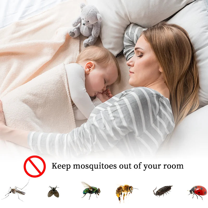 A woman is holding a baby while resting on a bed, with various types of mosquitoes shown below.