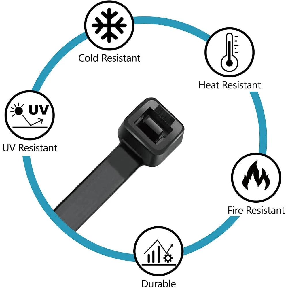Schwarze, robuste Nylon-Zip-Tie innerhalb eines Kreiskonzepts zur Widerstandsfähigkeit gegen Kälte, Hitze, UV-Licht und Feuer