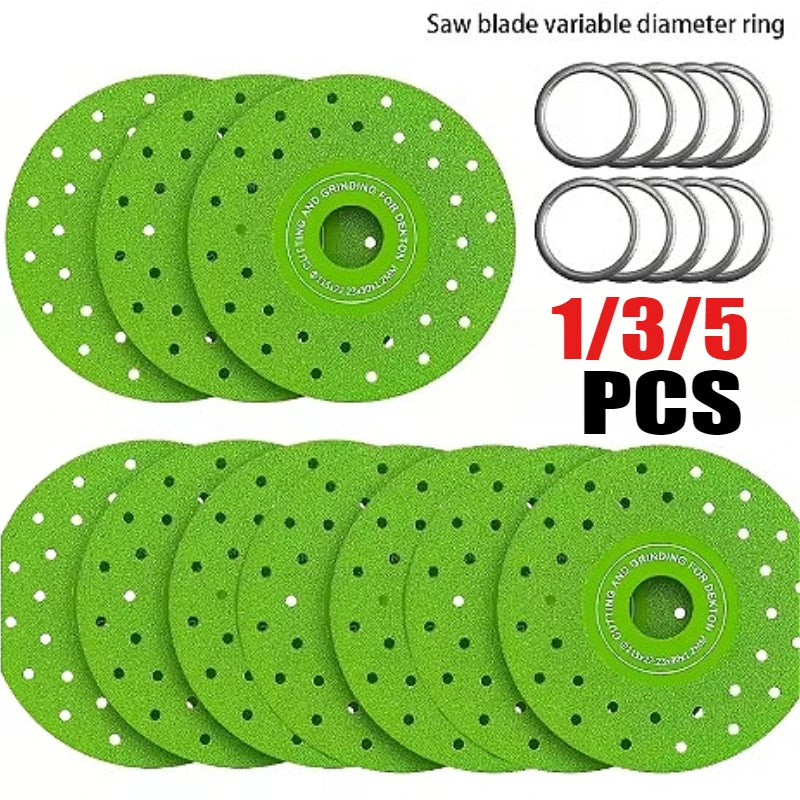 Green saw blade variable diameter ring with multiple discs and rings for cutting glass and tile