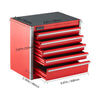 A red metal portable toolbox with five drawers, showing dimensions and features.