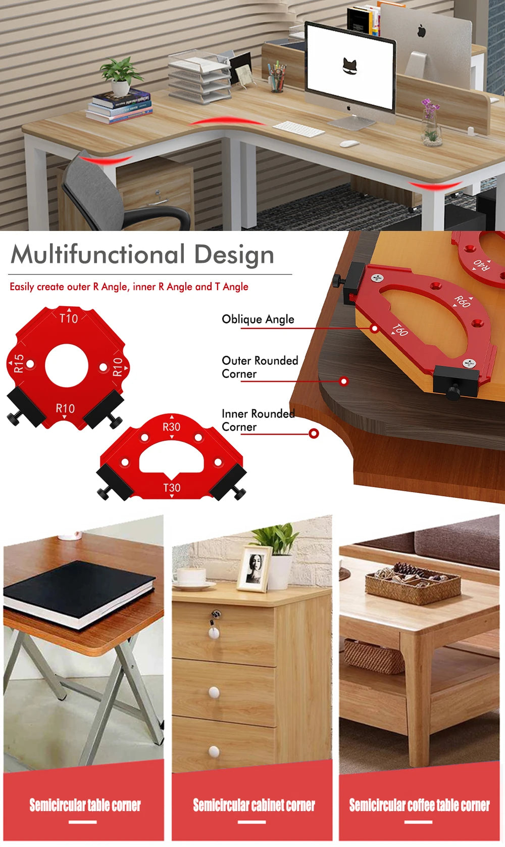 Precision radius jigs for woodworking include T10, R10, T30, and R30 angles used for creating rounded corners.