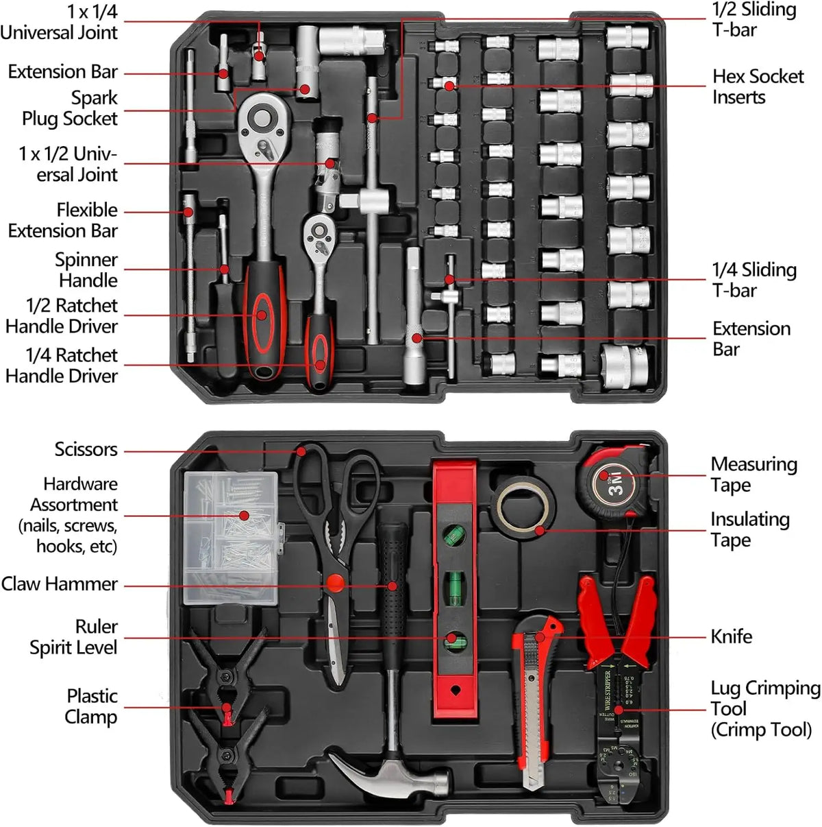 A black tool kit organized in a case showing various hand tools like pliers, hammer, knife, and socket inserts.