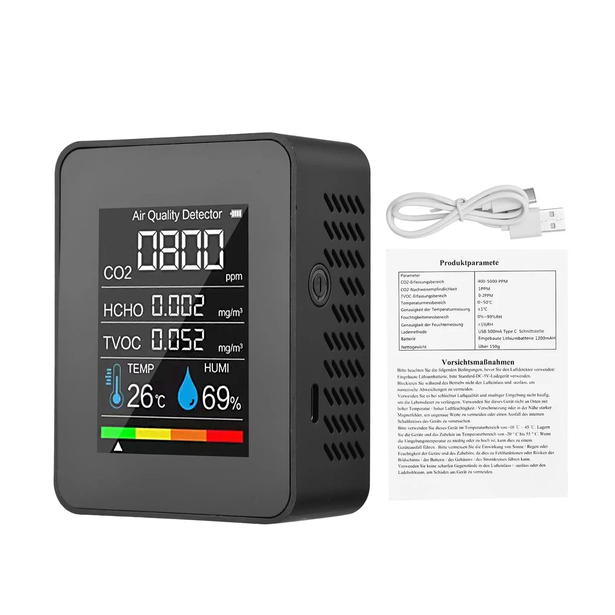 A black air quality detector device displaying CO2, TVOC, and HCHO measurements on a digital screen.