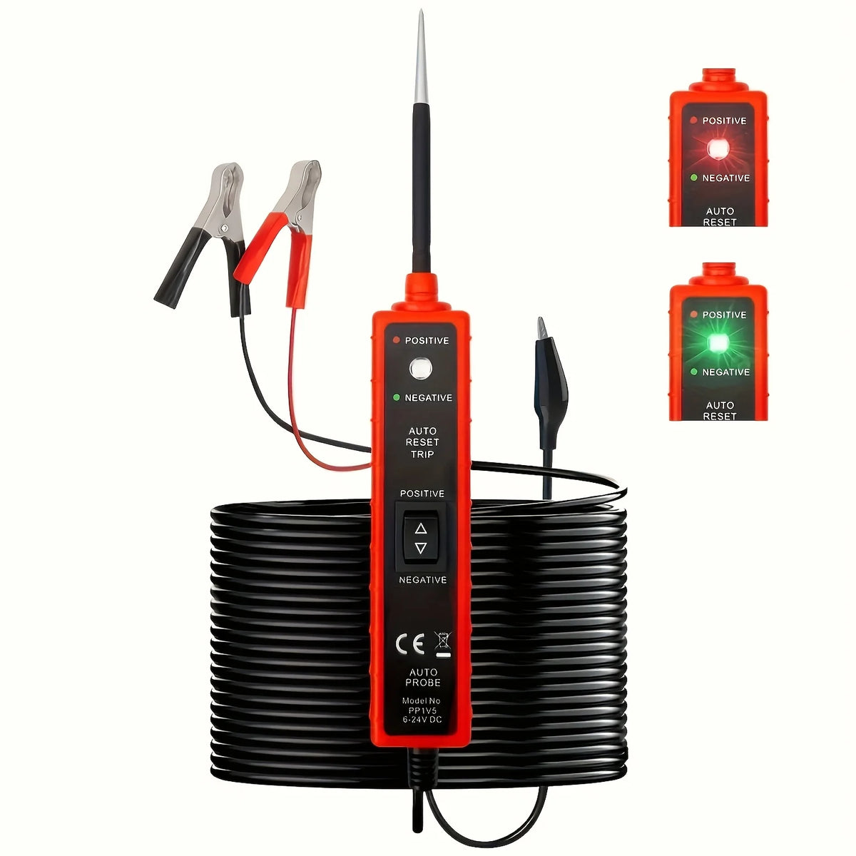 An automotive DC circuit probe tester with a red body and black cable, showing positive and negative test indicators.