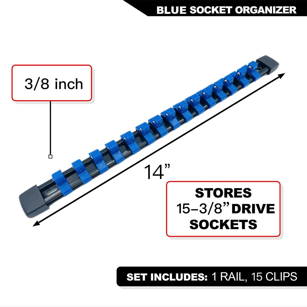 Blue socket organizer rail with 15 clips for storing 15-3/8 inch drive sockets.