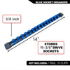 Blue socket organizer rail with 15 clips for storing 15-3/8 inch drive sockets