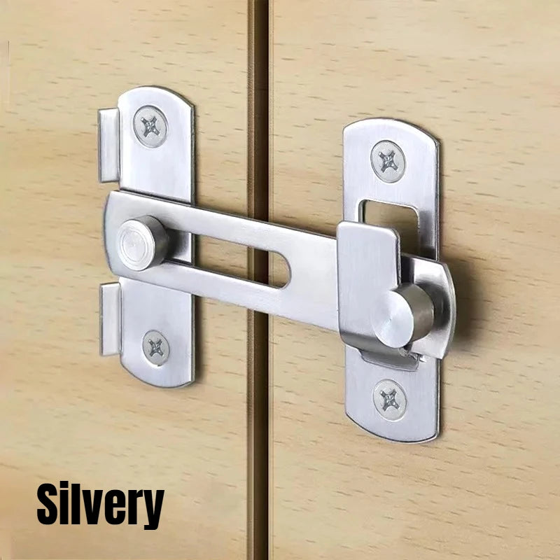 A silvery premium stainless steel sliding door latch mounted on a light wood surface.
