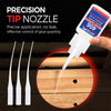Une buse de précision pour colle instantanée applique de la colle sur une surface en bois.
