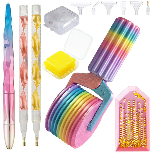 A set of diamond painting roller tools featuring various colored rollers and a pink tool holder.