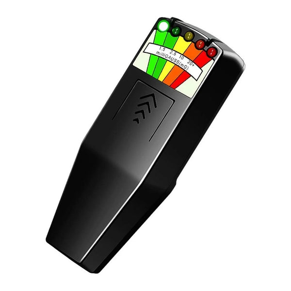 A black portable EMF radiation detector with a color-coded display and indicator lights.