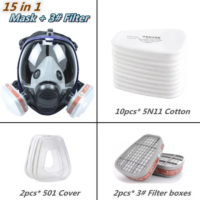 A black industrial chemical gas respirator mask with a clear visor and filter cartridges, along with spare cotton filters and