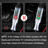 A digital automotive voltage tester shows a red 'H' indicator when the voltage exceeds 24V.