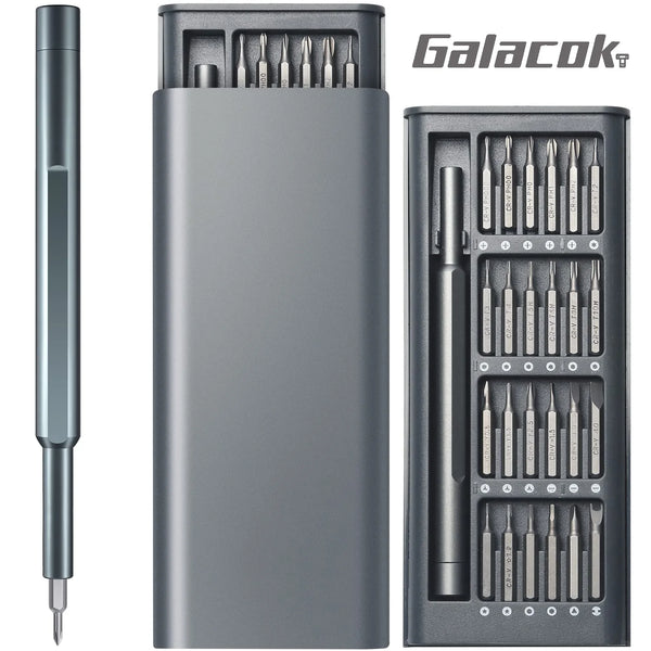 A gray Galacok 25-in-1 magnetic precision screwdriver set shown in its packaging and disassembled form.