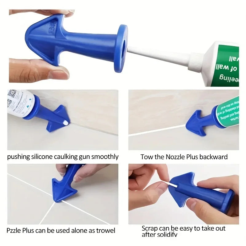 A blue silicone caulking gun and a Puzzle Plus tool are shown being used to apply sealant.