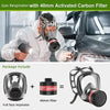 Vollgesicht-Atemschutz mit 40-mm-Aktivkohlefilter und separatem Filterkartusche neben einem Auto.