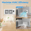 A white smart register booster fan is shown directing a stream of air into a room, demonstrating HVAC efficiency.
