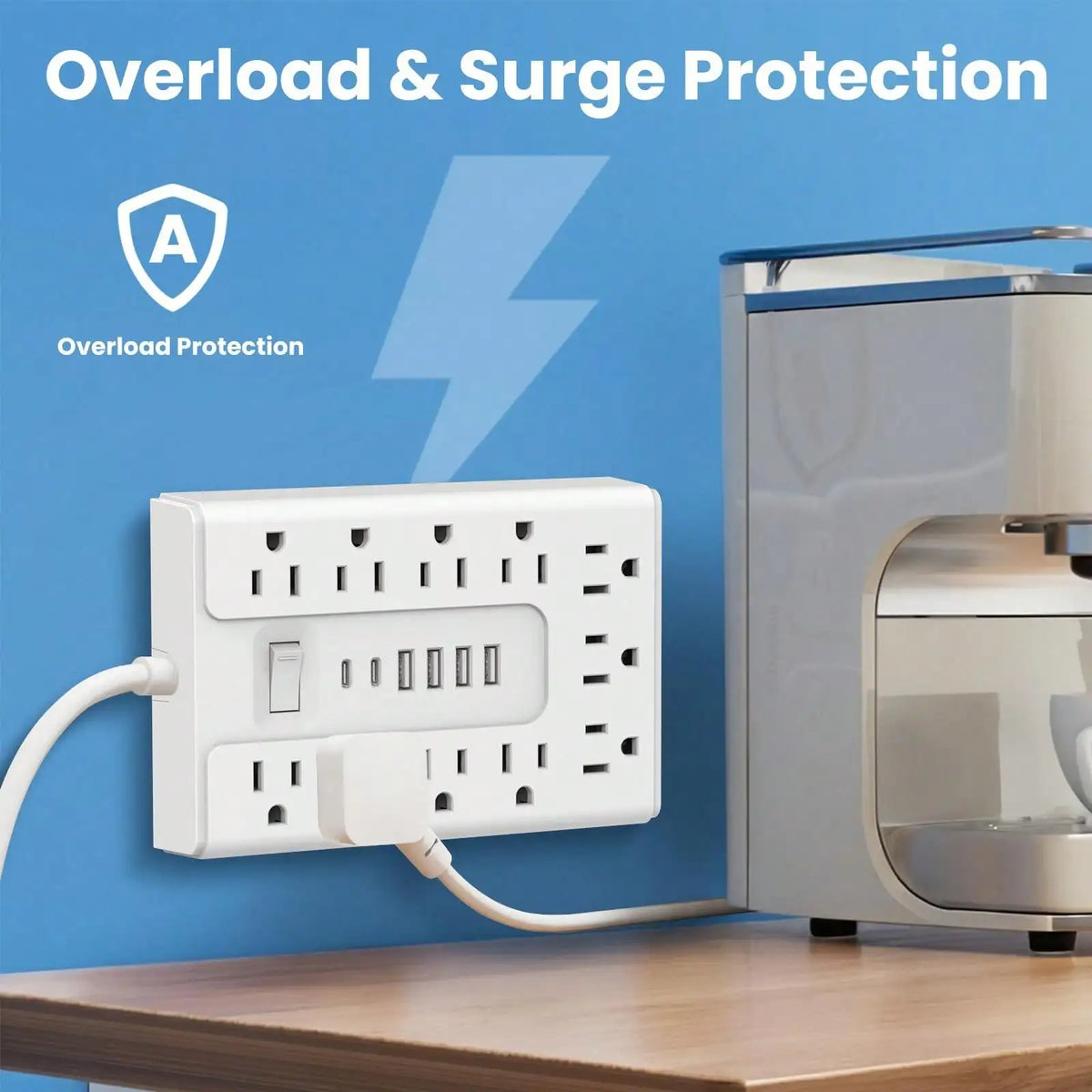 A white multi-port power strip surge protector plugged into a wall outlet next to a silver appliance.