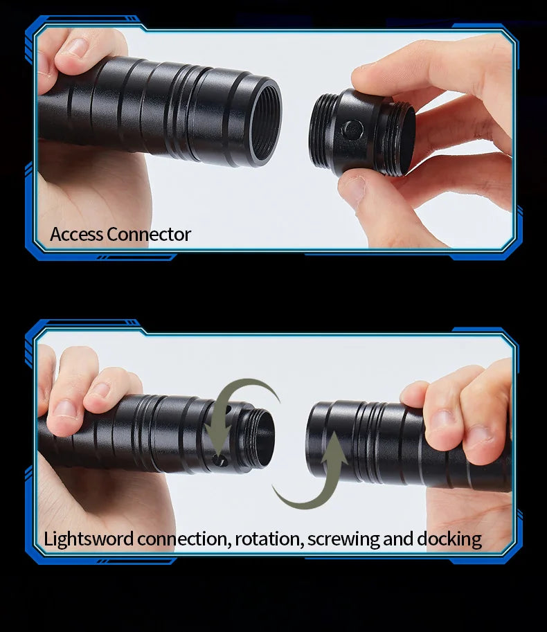 Hands demonstrate the access connector and lightsword connection, rotation, screwing, and docking of an RGB LED lightsaber.