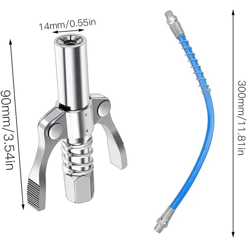Raccourci de pistolet à graisse argenté haute pression avec une pointe de 14 mm et un tuyau souple bleu.