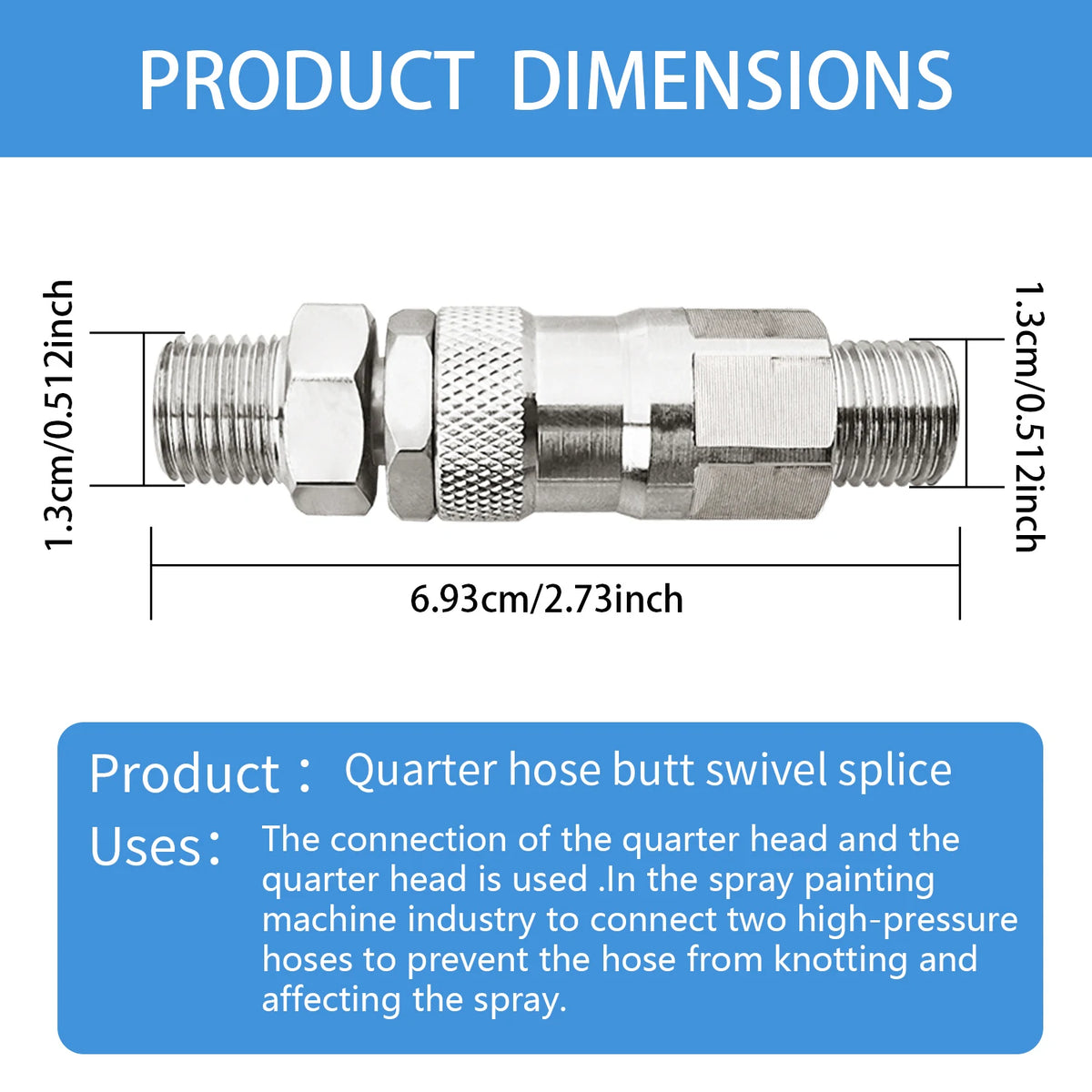 A silver quarter hose butt swivel splice with a 6.93cm length and 1.3cm diameter.