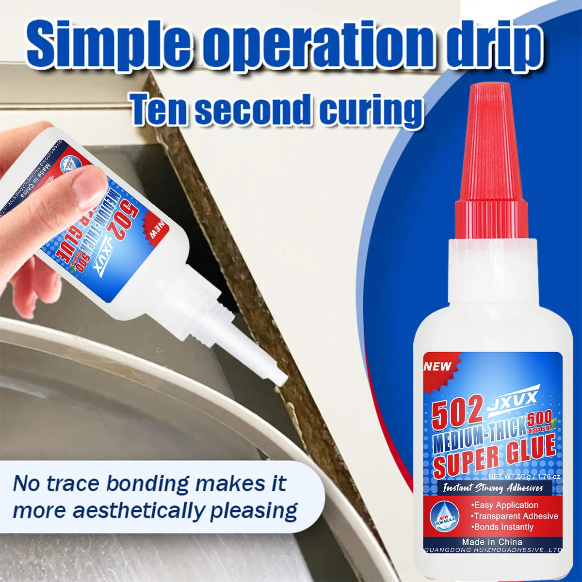 A hand applies a bottle of 502 JXVX medium-thick super glue to a surface for ten-second curing.