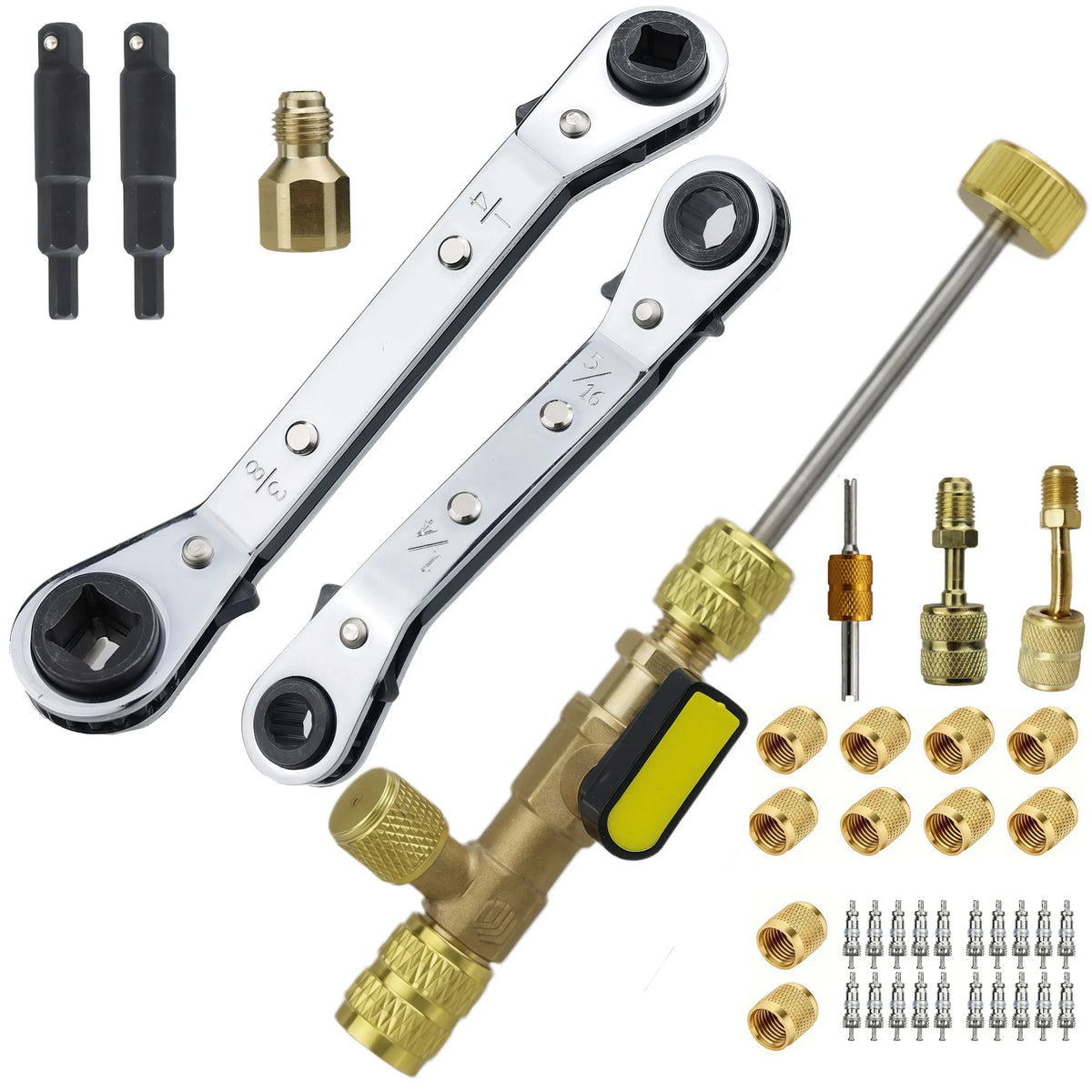 Kit d'outils pour le démontage du cœur de valve, montrant divers outils et composants pour l'entretien des valves.