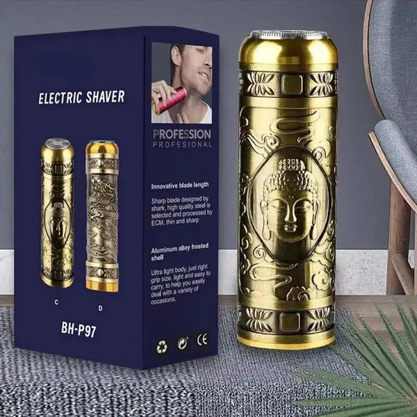 Ein goldfarener Elektrorasierer wird neben seiner Verpackungsbox gezeigt.