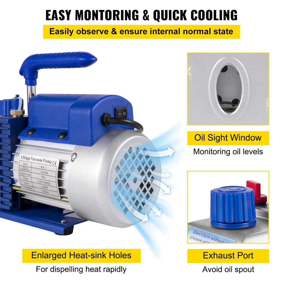 Blue single-stage vacuum pump kit with an oil sight window and enlarged heat-sink holes for monitoring and cooling