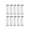 A set of ten white shower head replacement filters arranged in a row.