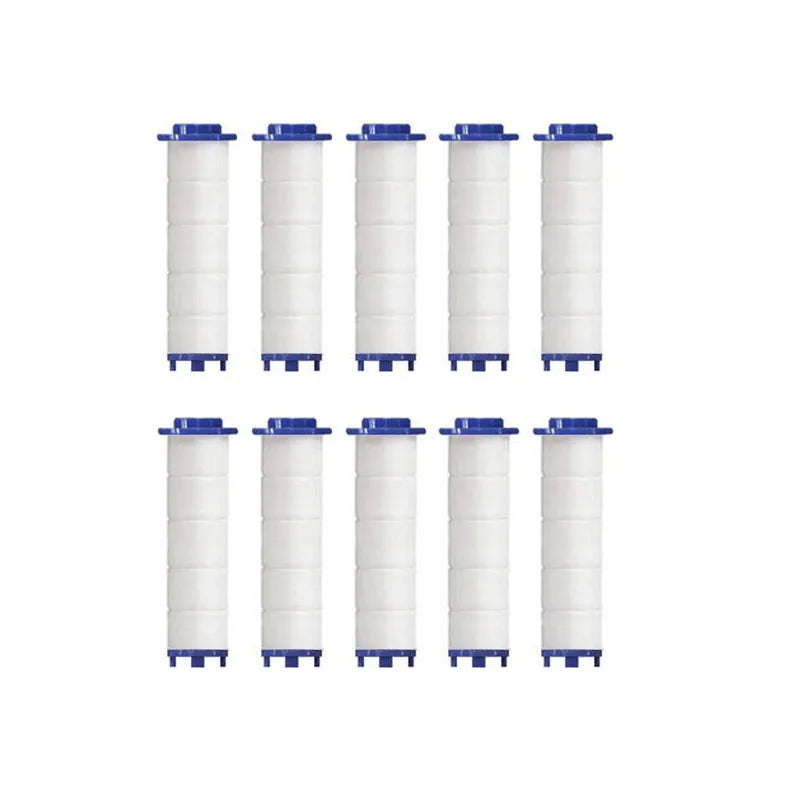 A set of ten white shower head replacement filters arranged in a row.
