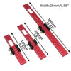 A set of precision aluminum woodworking rulers in red, showing various measurements like 160mm, 200mm, and 300mm.