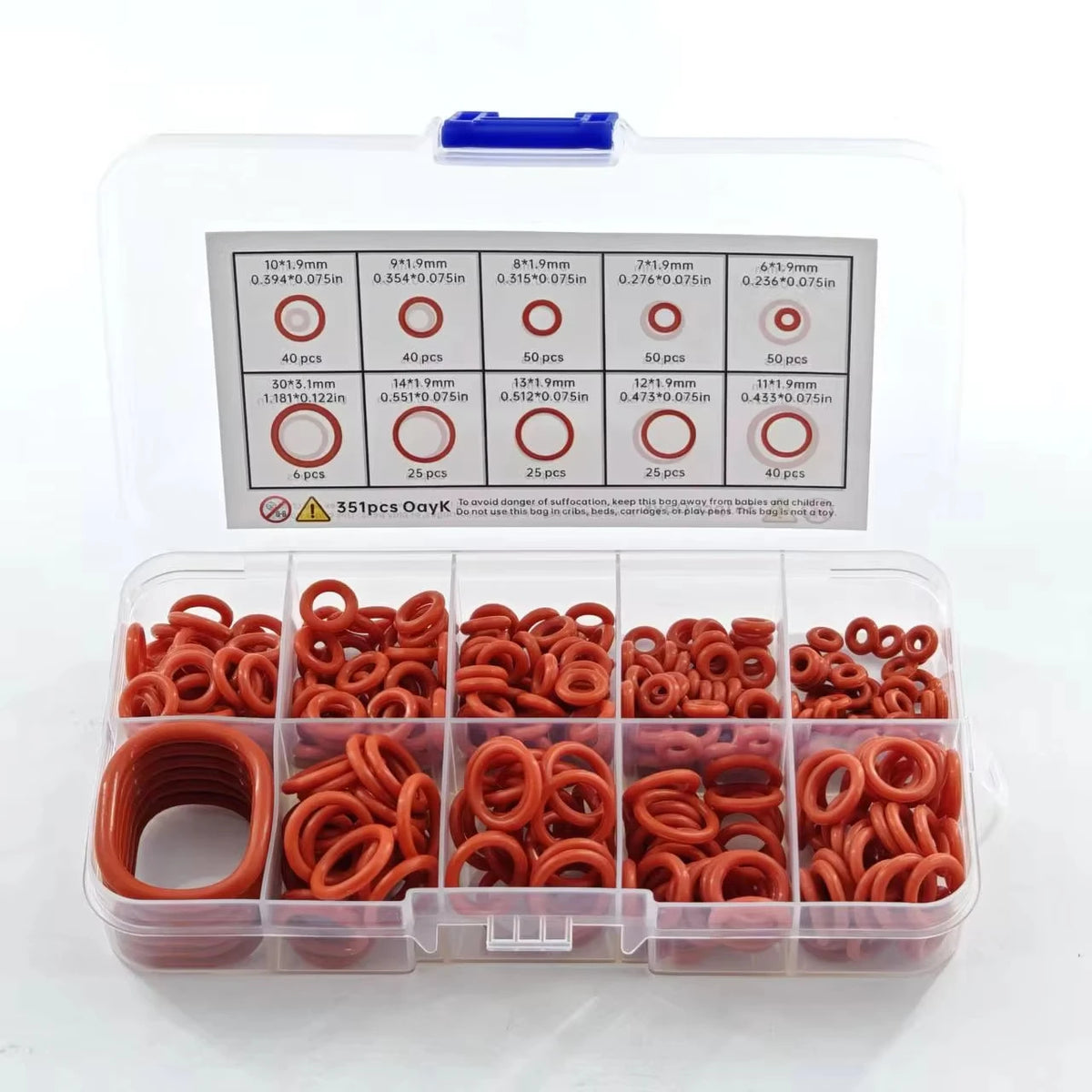 A clear plastic container holds a multi-size silicone O-ring set with various diameters and quantities.