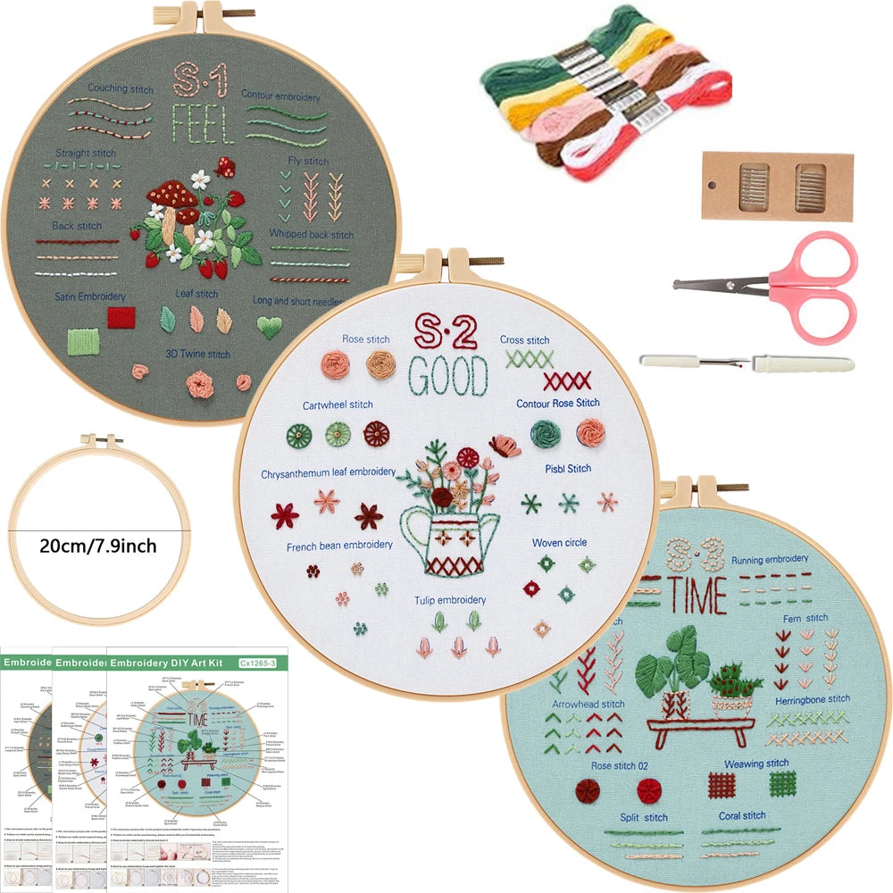 A set of embroidery and cross stitch practice kits featuring various stitches and fabric patterns.