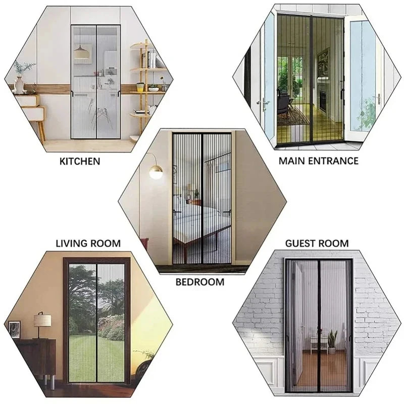 Various views of insect proof door screen netting used for kitchen, main entrance, guest room, and bedroom doors.