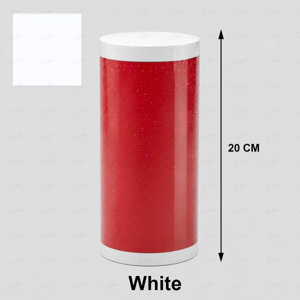 A cylindrical roll of white repair tape with a red speckled surface, shown vertically.