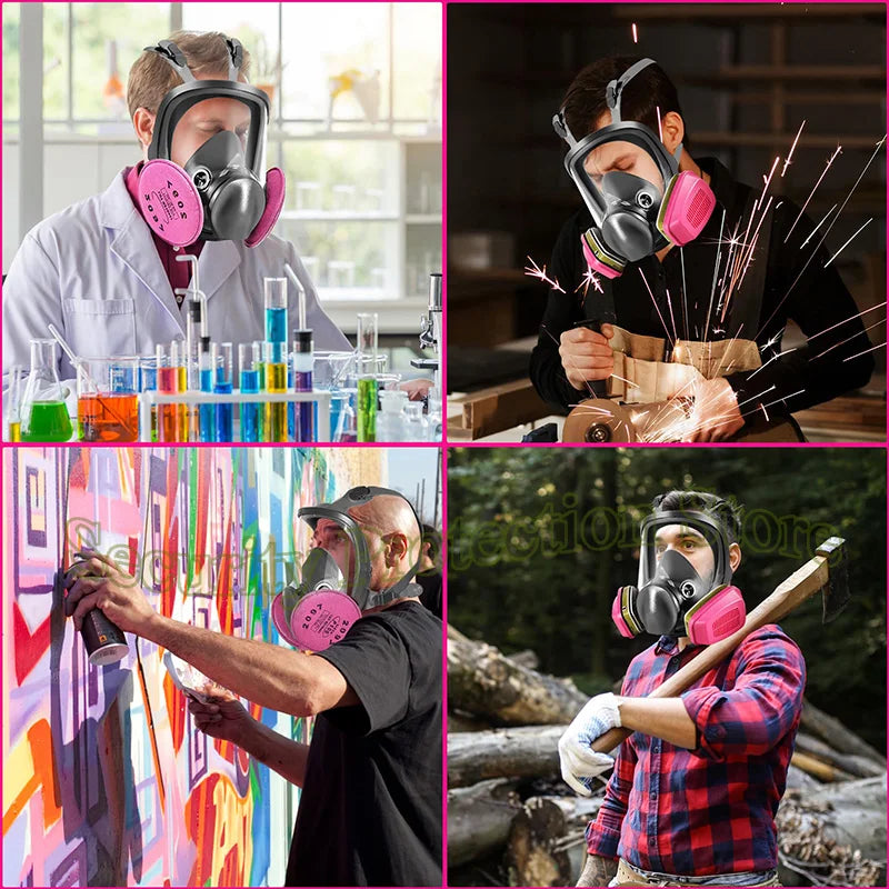 Collage de personas usando mascarillas respiratorias completas en diversos contextos: arte, industria y naturaleza.