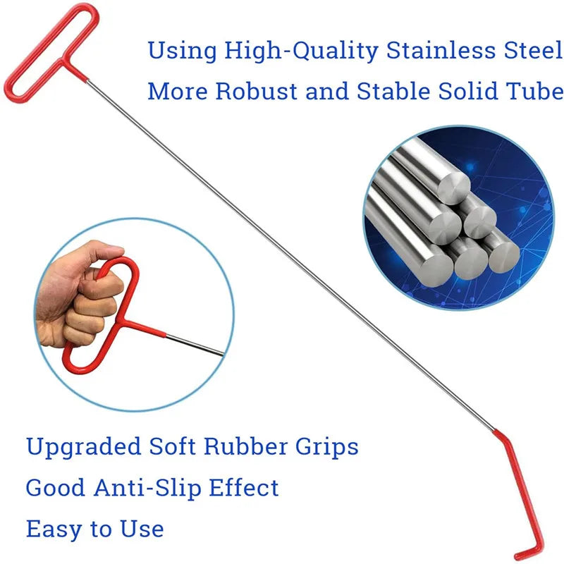 A red tool with a long metal rod and rubber grips is shown next to a magnified view of stainless steel tubes.