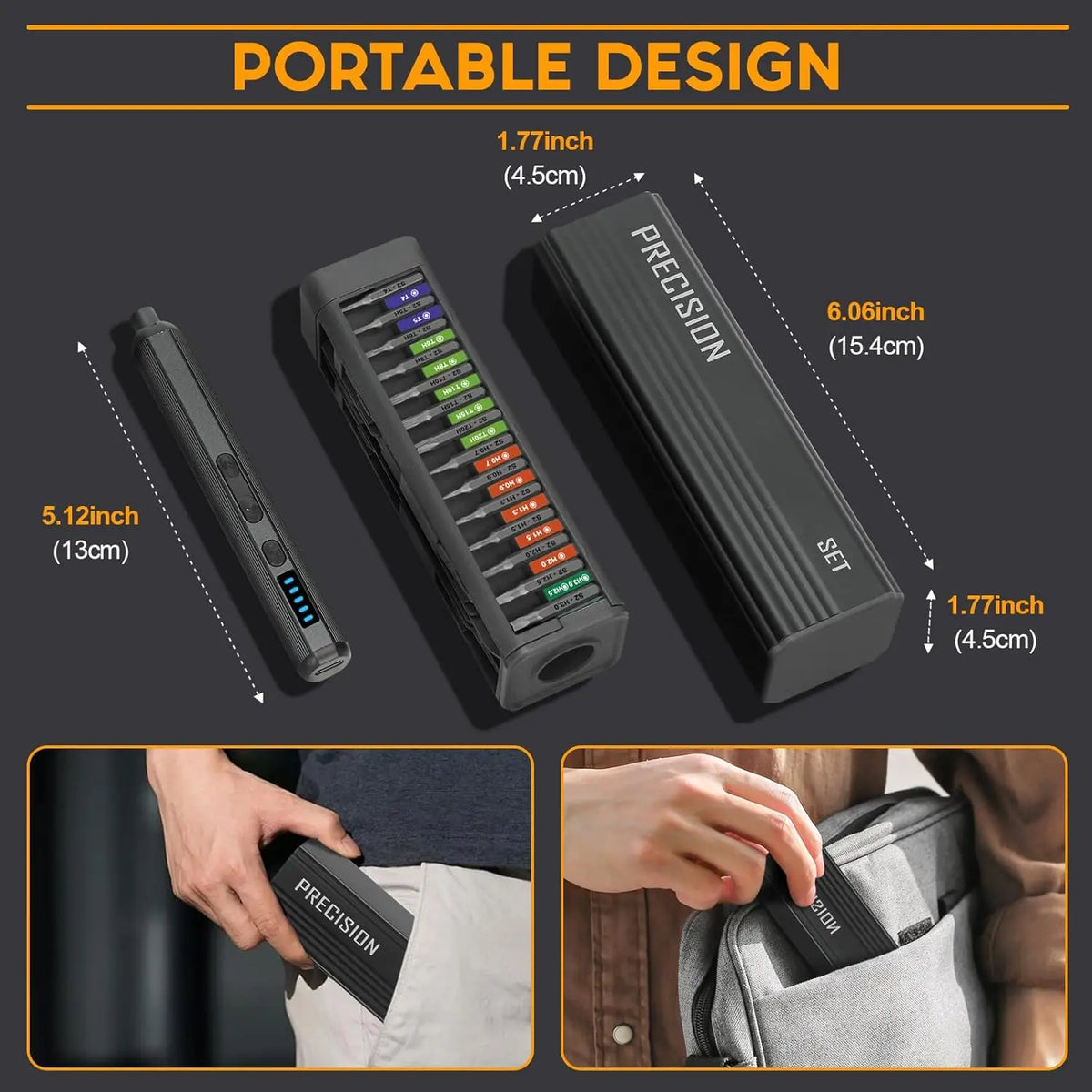 Portables Design eines Präzisions-Schraubendreher-Sets mit LED-Licht in verschiedenen Winkeln.