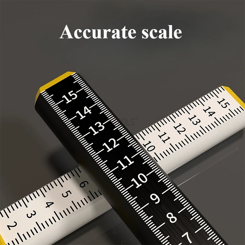 A close-up of a black and white measuring scale tool used for accurate leveling in tile and wall installation.